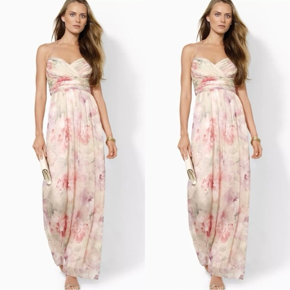 Ralph Lauren Pink Floral Sweetheart Neckline Halter Maxi Dress (Size 8)